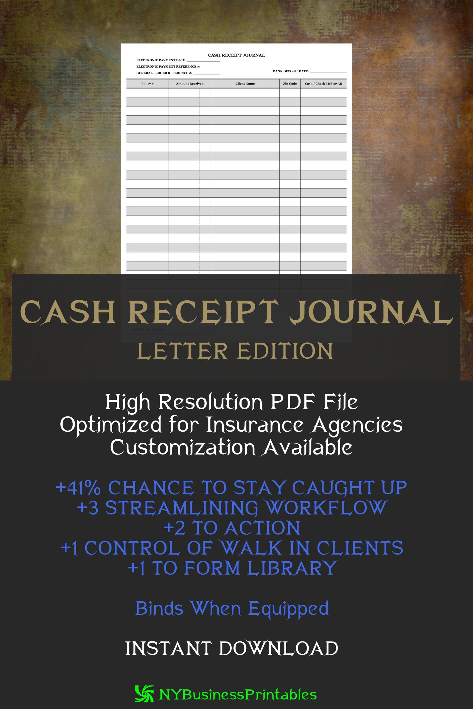 Cash Receipt Journal Printable for Insurance Agencies and Bookkeepers