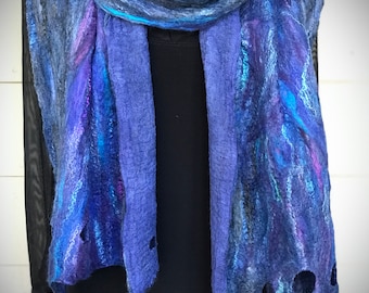 Navy Blue Cotton Gauze Nuno Felted Scarf