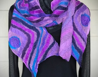 Purple Swirl Feather lite Nuno Felted Silk Scarf