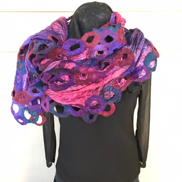 Nuno and Wet Felted Large Wrap with Silk Pieces