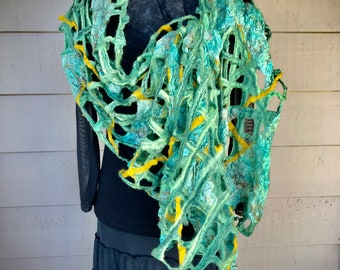 Woven Greens Golds Wrap with Interlaced Silk Pieces Wet and Nuno Felted