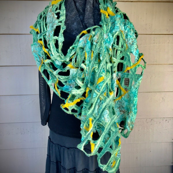 Woven Greens Golds Wrap with Interlaced Silk Pieces Wet and Nuno Felted