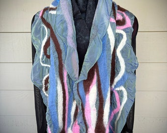 Lightweight Spring Festive Nuno Felted Scarf in Cool Colors