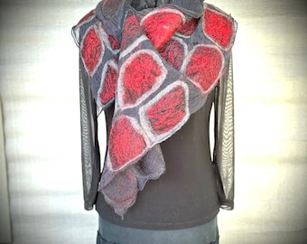 Nuno Felted Scarf, Red on Black Abstract Design