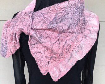 French Kerchief Wet Felted with Lace Technique in Pink and Gray