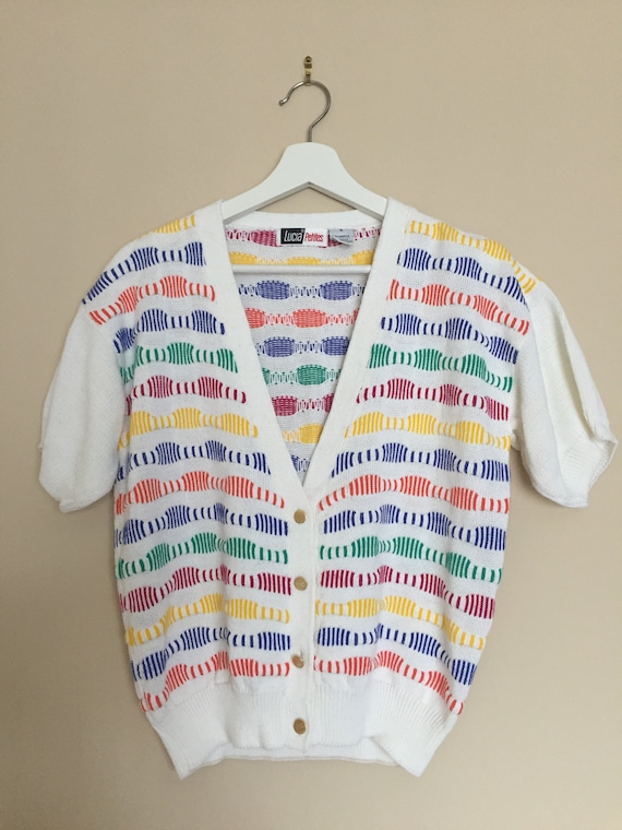 Vintage 1980s Short Sleeve Knit Rainbow Top - 80s… - image 2