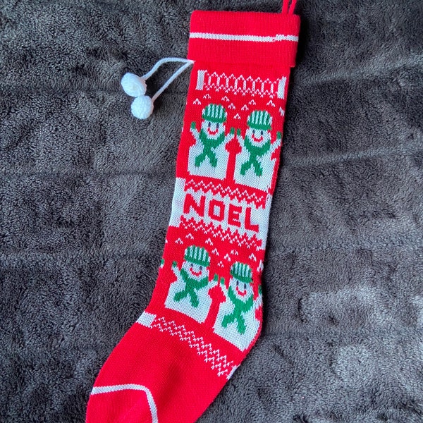 Vintage Retro Stocking from the 1970s with Intarsia Acrylic Knit Design of Snowmen and the Word Noel