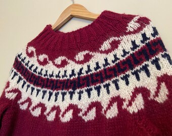 Vintage Hand Knit Fair Isle / Lopi Style Sweater Jumper in Dark Red/Burgundy, Navy and White, See Measurements for Size
