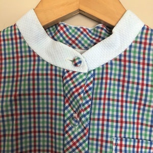 Vintage Early 1980s Gingham Mandarin Collar Shirt Dress with Button Up Front and Matching Belt