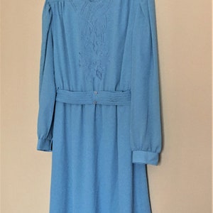 Vintage 1980s - Does - 1940s Style Blue Dress with Unique Neckline and Embroidered Bodice, Gathered at Shoulder, Matching Belt, Measurements