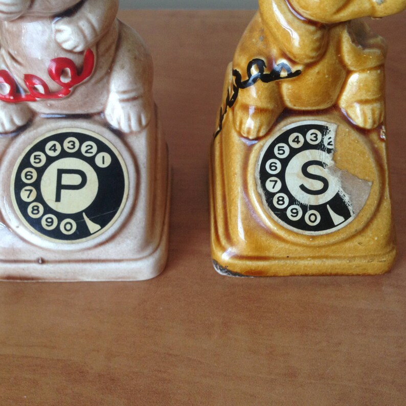 Made in Japan Vintage Retro Kitsch Salt and Pepper Shaker Set Cute Figurine Set Dog and Cat Telephoning Each Other