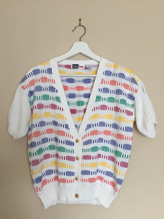 Vintage 1980s Short Sleeve Knit Rainbow Top - 80s… - image 1