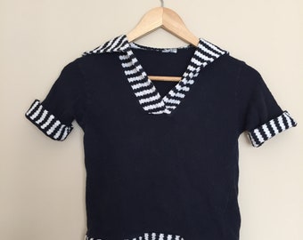 Vintage 1970s Short Sleeve Black and White Knit Sailor Top - 70s Does 40s Style - Size Extra Small