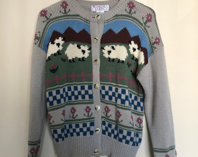 Vintage Knit Wool Sweater Sheep Scene With Flowers Muskoka Lakes Brand ...