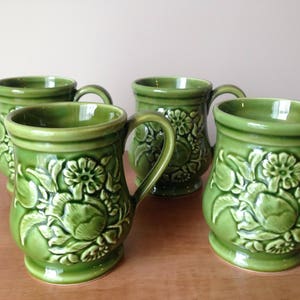 Vintage Japanese Embossed Set of 4 Ceramic Green Coffee Cups or Tea Mugs - Made in Japan - Floral Design