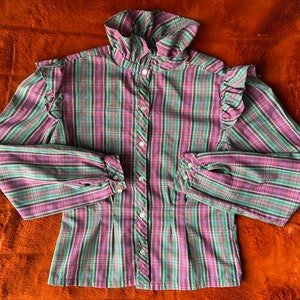 Vintage Early 1980s Prairie Style Button Up Blouse with Peplum Shoulders in Purple and Green Plaid