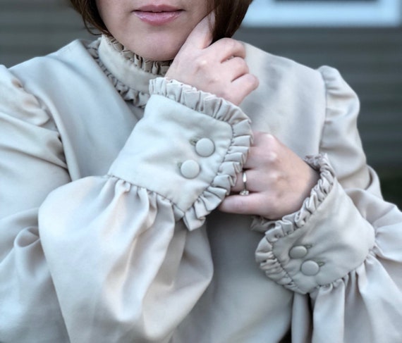 Vintage 1970s-Does-Victorian Beige Blouse with Hig