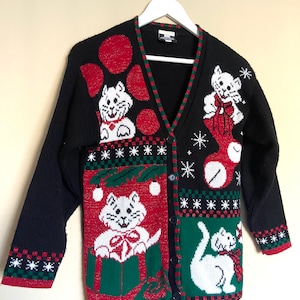 Vintage 1990s Ugly Christmas Cardigan with Various Cat Motifs, Small Size, In Design Girls Brand