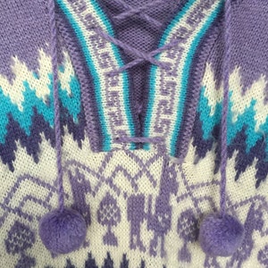 Vintage Peruvian Alpaca Knit Sweater - Purple, Blue, Cream  - Alpaca Motif - Lace Up Front with POM POMS - Vintage Peruvian Hoodie Women&#39;s L
