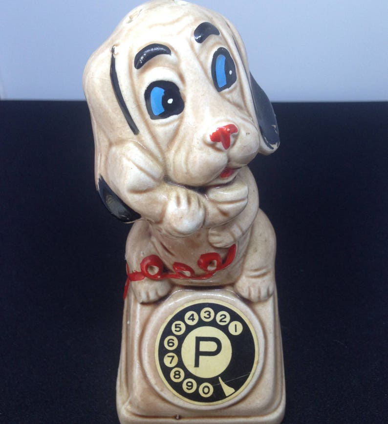 Made in Japan Vintage Retro Kitsch Salt and Pepper Shaker Set Cute Figurine Set Dog and Cat Telephoning Each Other
