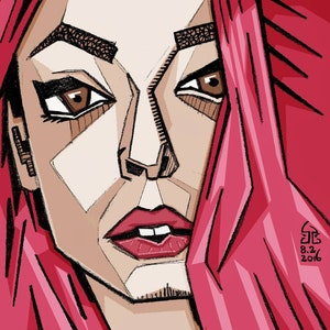 May include: A digital illustration of a woman with pink hair. Her face is partially obscured by her hair. The woman has a red lip and a serious expression. The illustration is in a geometric style.