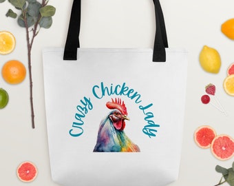 Crazy chicken lady tote bag, watercolor chicken tote, gift for wife, chicken lover gift, homesteader gift, book tote, carry all, foraging