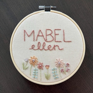Custom hand embroidered name hoop nursery decor personalized embroidery hoop newborn photo prop newborn gift wildflowers 6" 6 inch