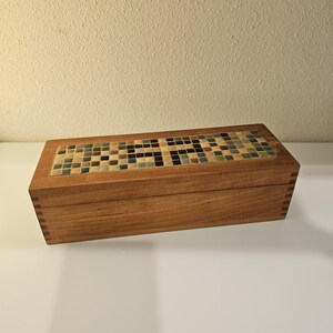 Vintage Wooden Jewelry Box – Mosaic Tile Lid, Mid Century Modern Keepsake Storage