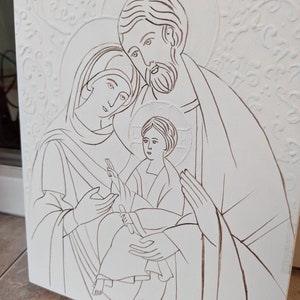 Gessoed icon board with Holy Family drawing and gessoed ornament 7,8x9,8 inches = 20x25 cm