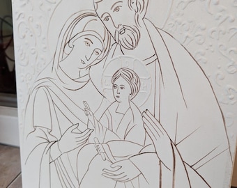 Gessoed icon board with Holy Family drawing and gessoed ornament 7,8x9,8 inches = 20x25 cm