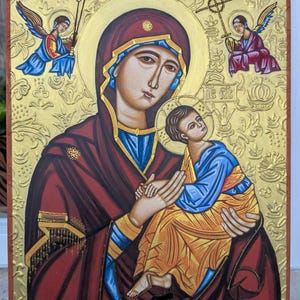 Virgin Mary icon painting. Our Lady of perpetual help hand painted icon, byzantine icon painting, handmade religious gift, Holy Mother icon