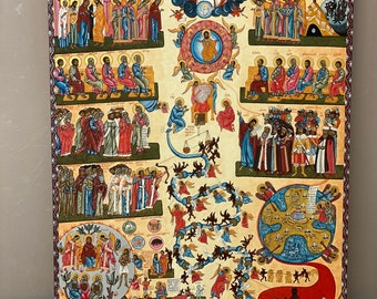 May include: A large, rectangular religious icon with detailed illustrations in vibrant colors. The artwork depicts various biblical scenes and figures, with a central figure surrounded by angels. The icon has a decorative border and is set against a neutral background.