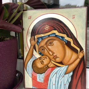 Virgin Mary and Jesus Christ hand painted icon, byzantine icon painting, handmade religious gift, Theotokos icon, Holy Mother icon