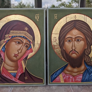 Jesus Christ and Virgin Mary hand painted icon, byzantine icon painting, handmade religious gift, wedding icon painting
