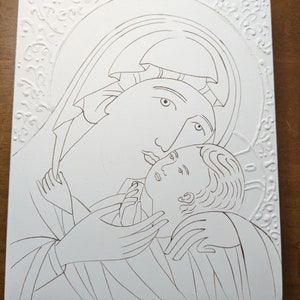 Gessoed icon board with Virgin Mary drawing and gessoed ornament  7,8x9,8 inches