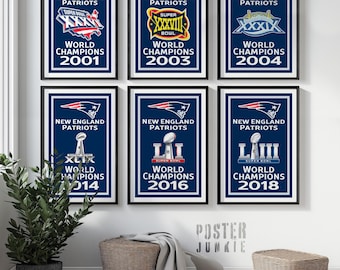 New England Patriots 6 Super Bowl Banners Art Illustration Prints - Set of 6 - FREE SHIPPING