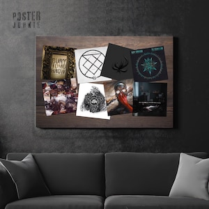 May include: A collage of eight black and white album covers with various graphic designs. The album covers feature a skull, a cross, a star, and the text "BURY TOMORROW".