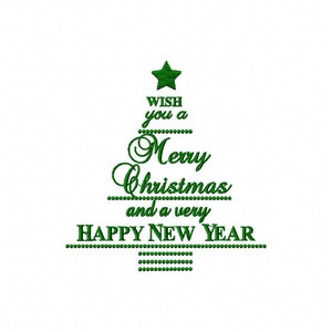 Könnte beinhalten: Grüner Text auf weißem Hintergrund in Form eines Weihnachtsbaums. Der Text lautet "WISH you a Merry Christmas and a very HAPPY NEW YEAR".