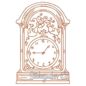 Peut inclure: Un dessin au trait d'une horloge vintage avec un motif floral au-dessus du cadran. Le cadran de l'horloge a des chiffres romains et des aiguilles indiquant l'heure.
