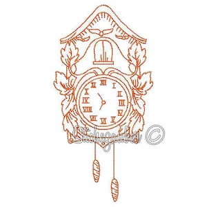 Peut inclure: Un dessin au trait brun d'une horloge à coucou avec des chiffres romains sur le cadran et un pendule suspendu en dessous.
