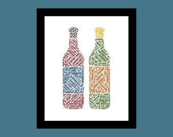 Red or White wine bottles signed original art print