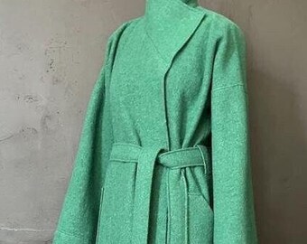 ☆GREENBUTTER☆ [HANDMADE] [HANDMADE] BELTED SLIT WOOL COAT Margaret Reversible Wool/Cashmere Coat- Green/Grey – Jia
