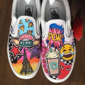 Girls custom vans sneakers.  New York, Eiffel Tower, Starbucks, emoji, unicorn custom vans.