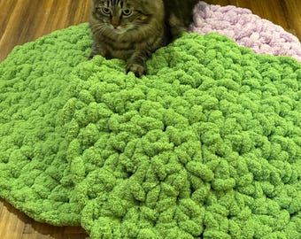 Chunky knit round cat bed- Hand crocheted pet mat- Super soft dog bed- Coaster kitten bed- Plush rug for cats and dogs- Grass Green