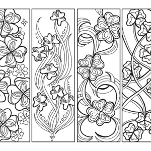 Puede incluir: Cuatro diseños de marcapáginas en blanco y negro con intrincadas ilustraciones de tréboles de cuatro hojas y enredaderas en espiral.