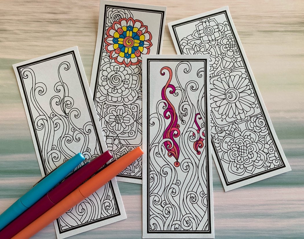 Floral Coloring Bookmarks set of 10, Printable Coloring Pages for Kids,  Teens, Adults, Instant Download PDF, Adult Coloring Pages 