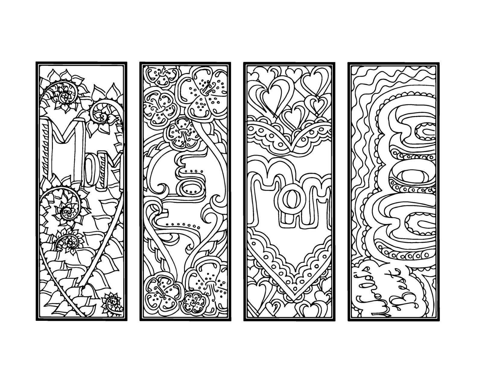 DIY Mother's Day Bookmarks Set of 4 Printable Coloring Page Adult ...