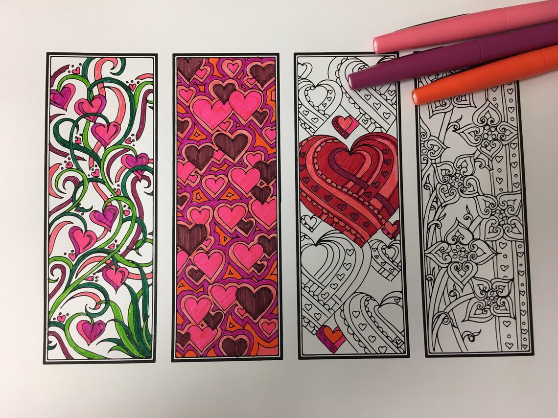 DIY Romantic Bookmarks Set of 4 Printable Coloring Page Adult Coloring ...
