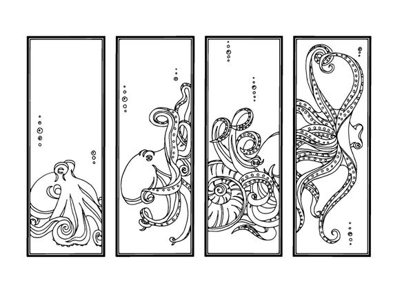 Octopus Diy Bookmarks Set Of 4 Printable Coloring Page Etsy