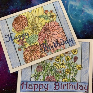 DIY Birthday Cards- Color Your Own- Greeting Cards- Print Your Own Designs- Instant Download- Happy Birthday- Dahlia Clover Buttercup Daisy